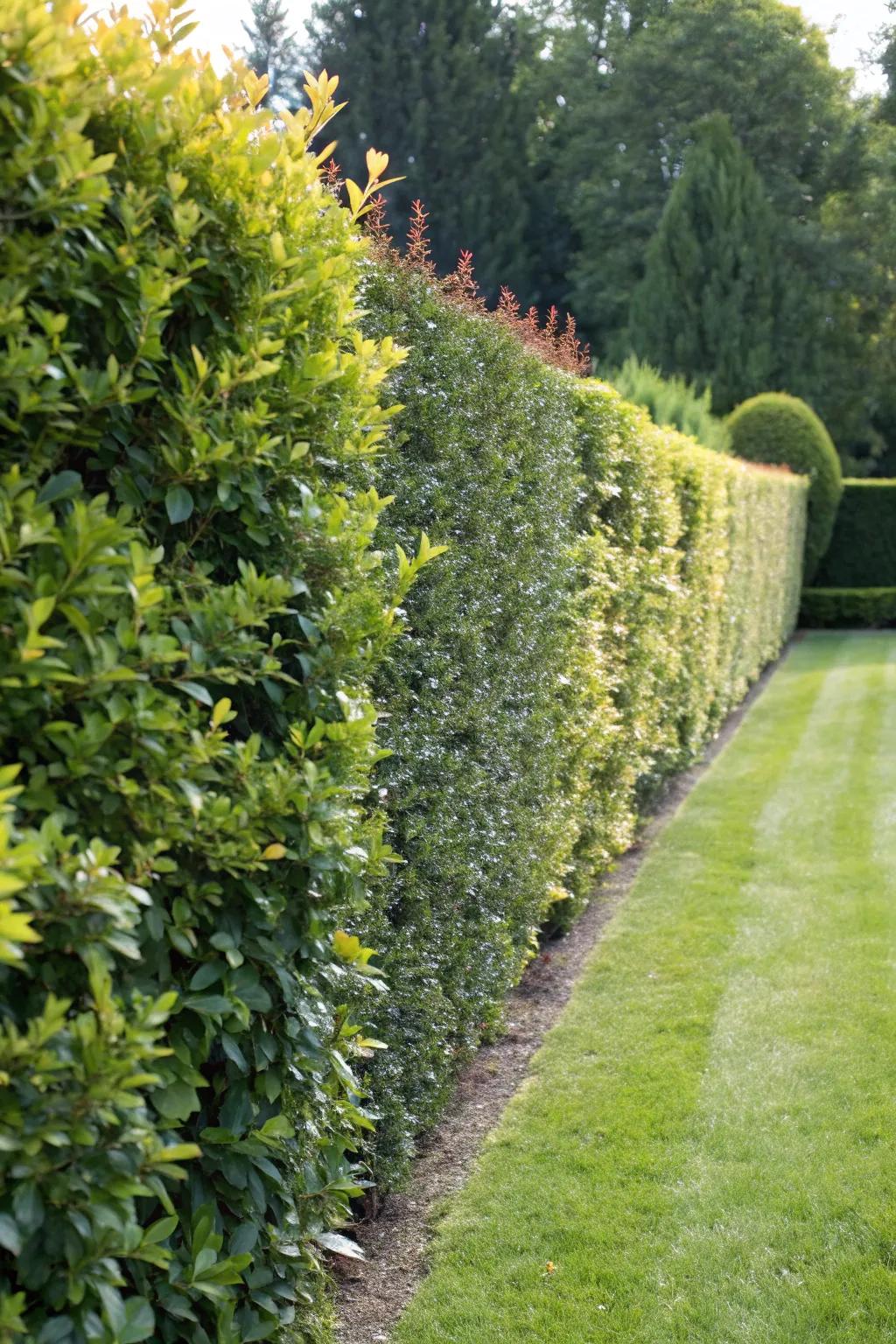 Accentuate your yard through an abundant shrubbery fence for inherent privacy and perpetual style.