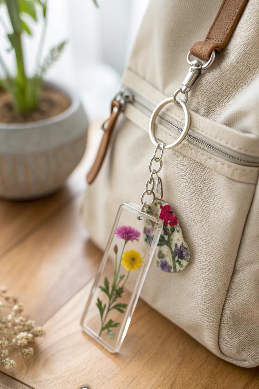 Capture the essence of wildlife with this exquisite pressed bloom keychain, the impeccable blend of simplicity and grace for your rucksack.