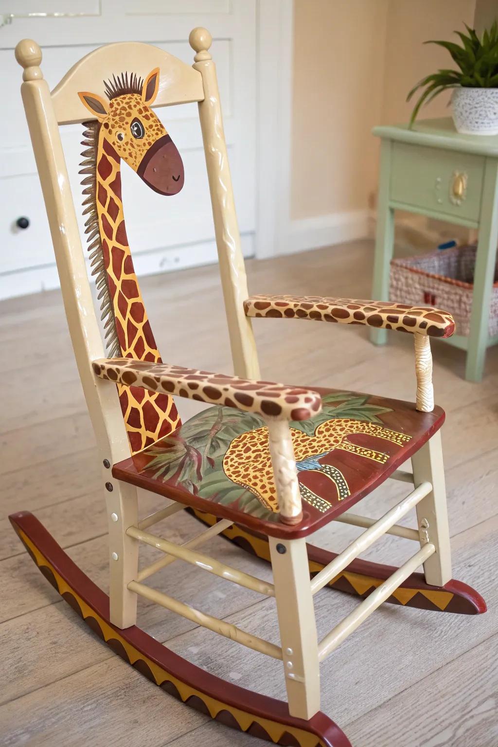 Transport the safari to your child's room with this charming giraffe-patterned rocking chair!