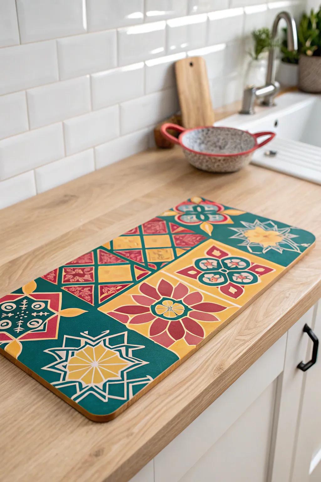 Elevate your kitchen's atmosphere with radiant stencils set against a tranquil backdrop, blending the essence of #KitchenArt and #BohoScandi seamlessly.