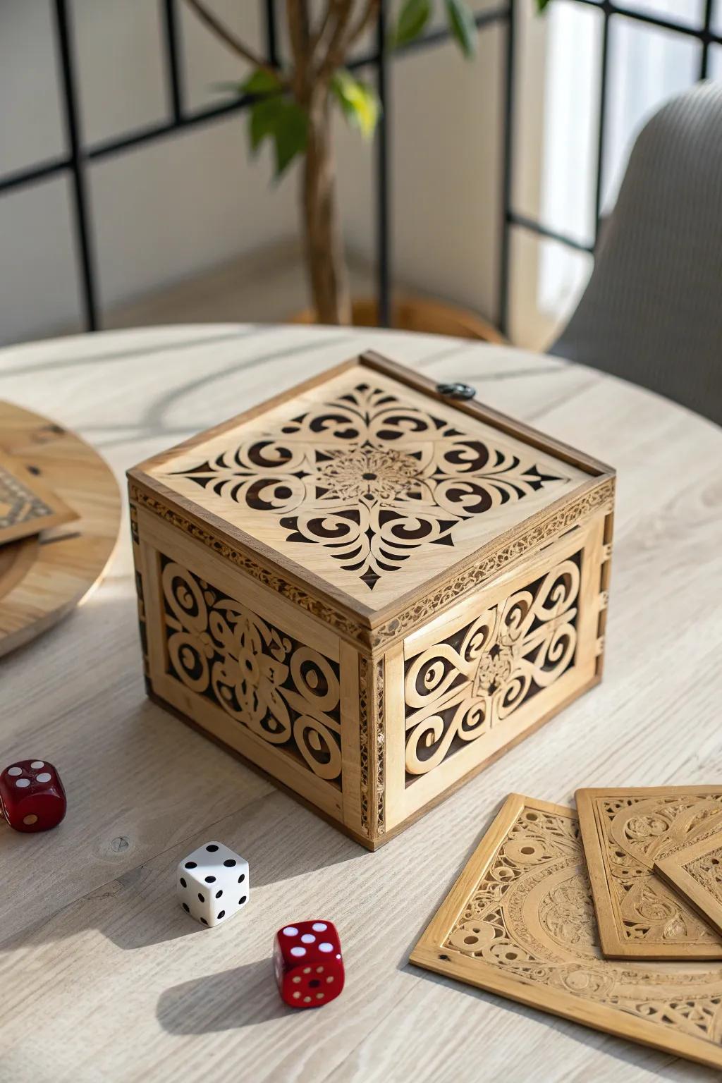 Elevate your game night with this exquisite laser-etched dice container, where craftsmanship converges with elegance.