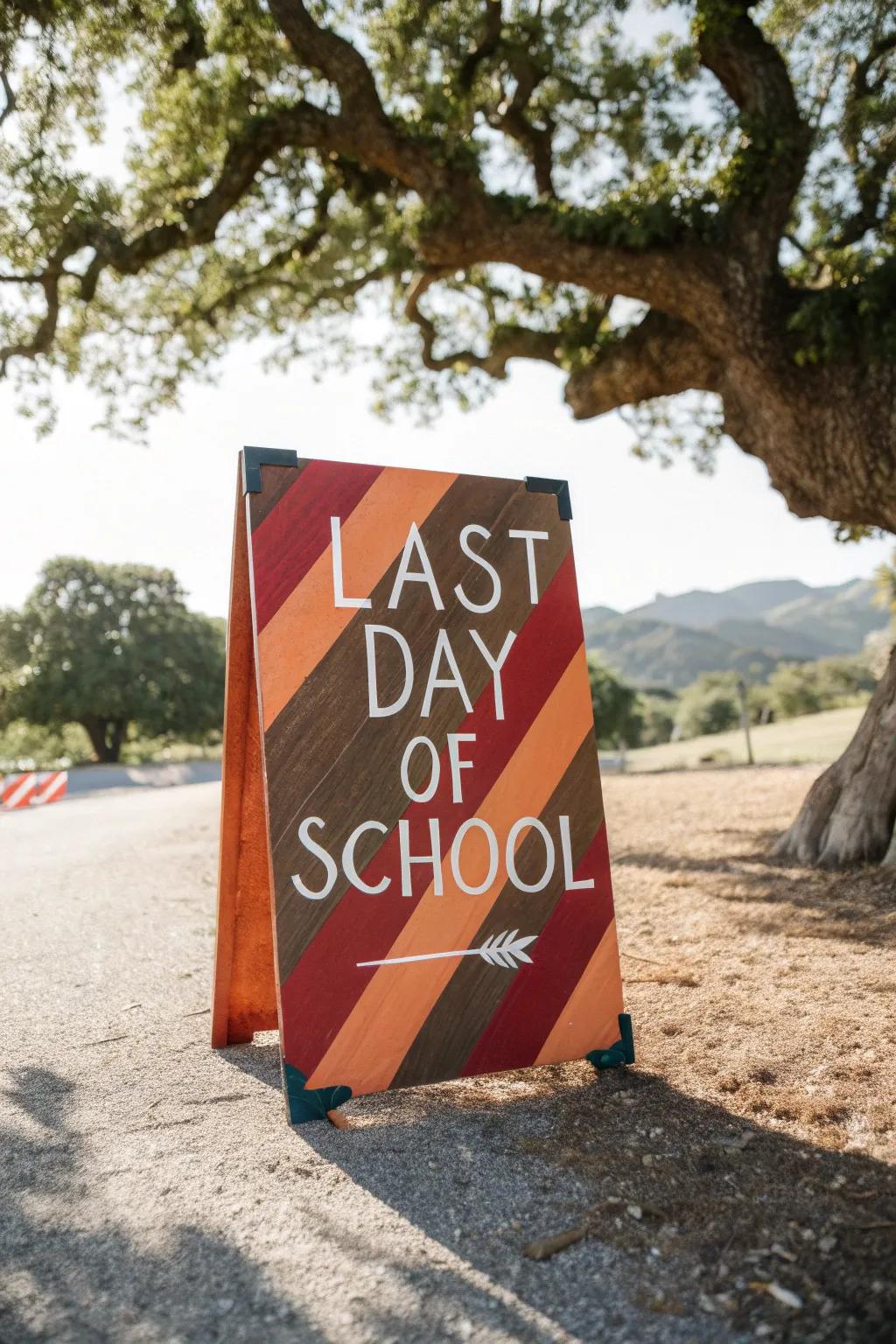 Capture the essence of the last day of school with a handcrafted sign nestled under a favorite tree, turning a milestone into a treasured memory.
