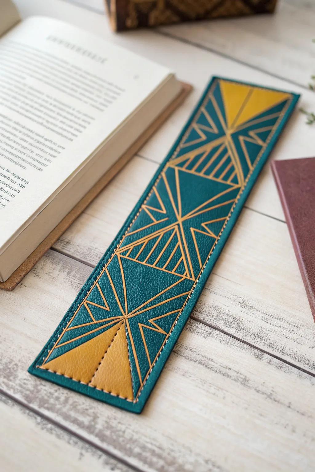 Elevate your reading experience with this striking geometric leather bookmark, a synthesis of minimalist and boho refinement.