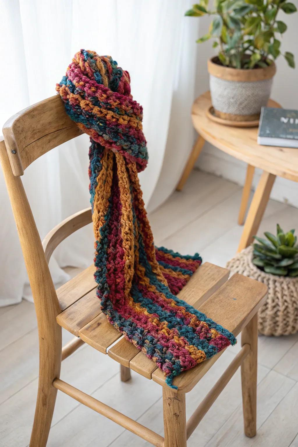 Infuse your wardrobe with a burst of color with a stunning intersecting neck wrap, where artistry meets vibrant beauty.