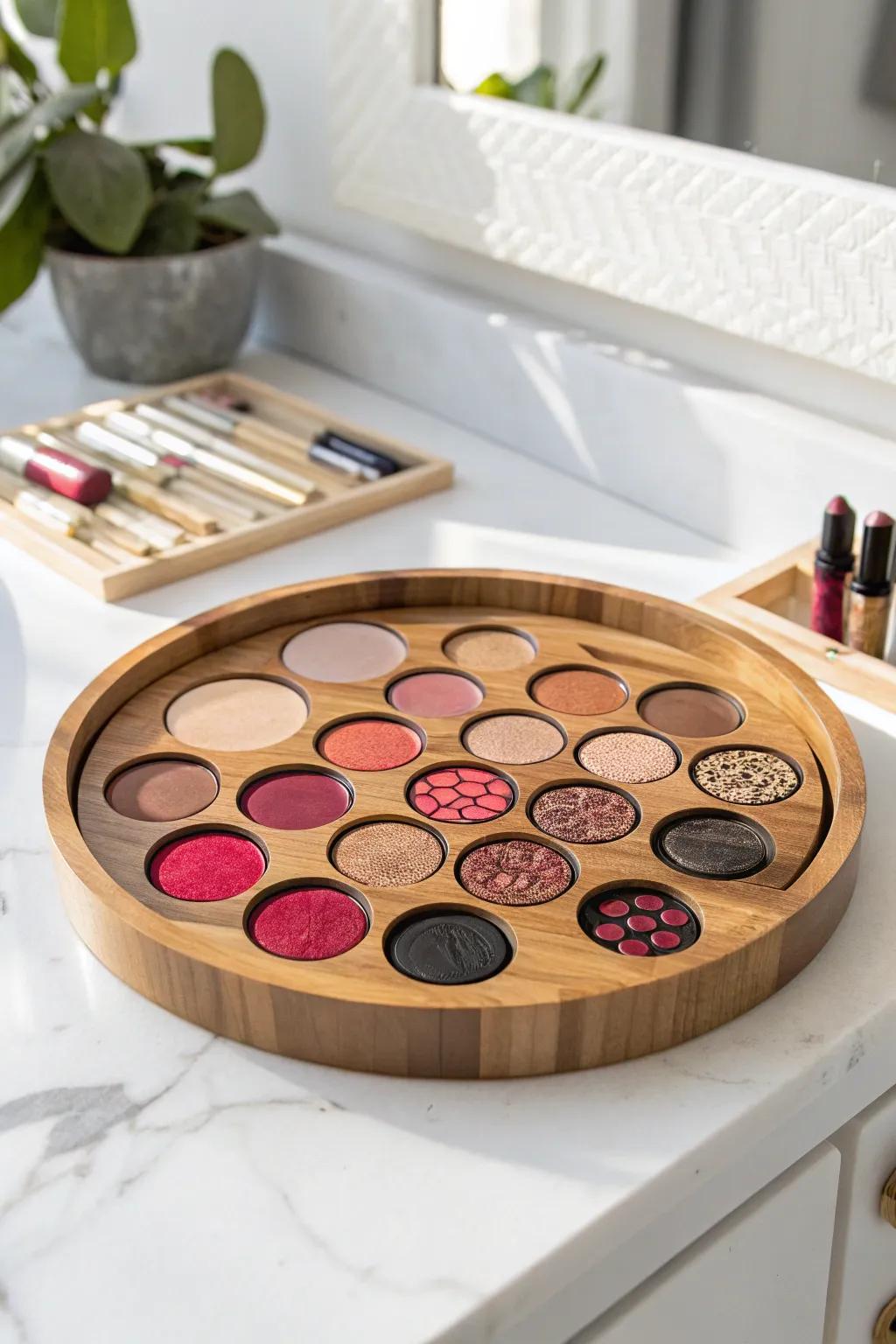 Gyrate your trajectory towards cosmetic resplendence via this chic Rotational Tray cosmetic arrangement apparatus, seamlessly intertwining minimalist elegance.