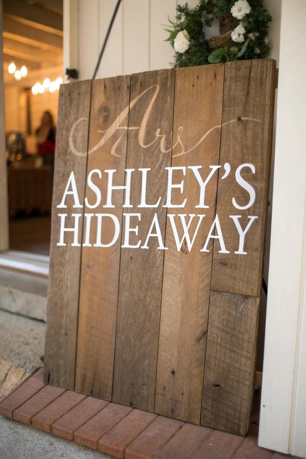 Craft your personalized sanctuary with bespoke signage, adding a rustic touch to your space.