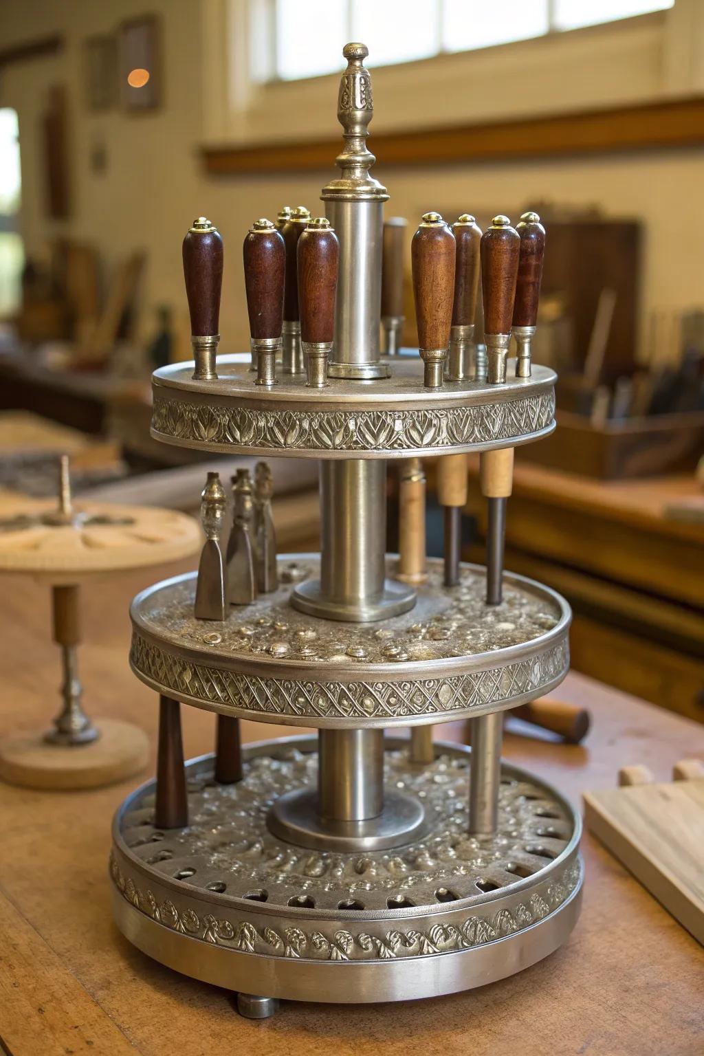 Enhance your tool organization with a spin-tastic revolving rack, blending functionality and expert craftsmanship.