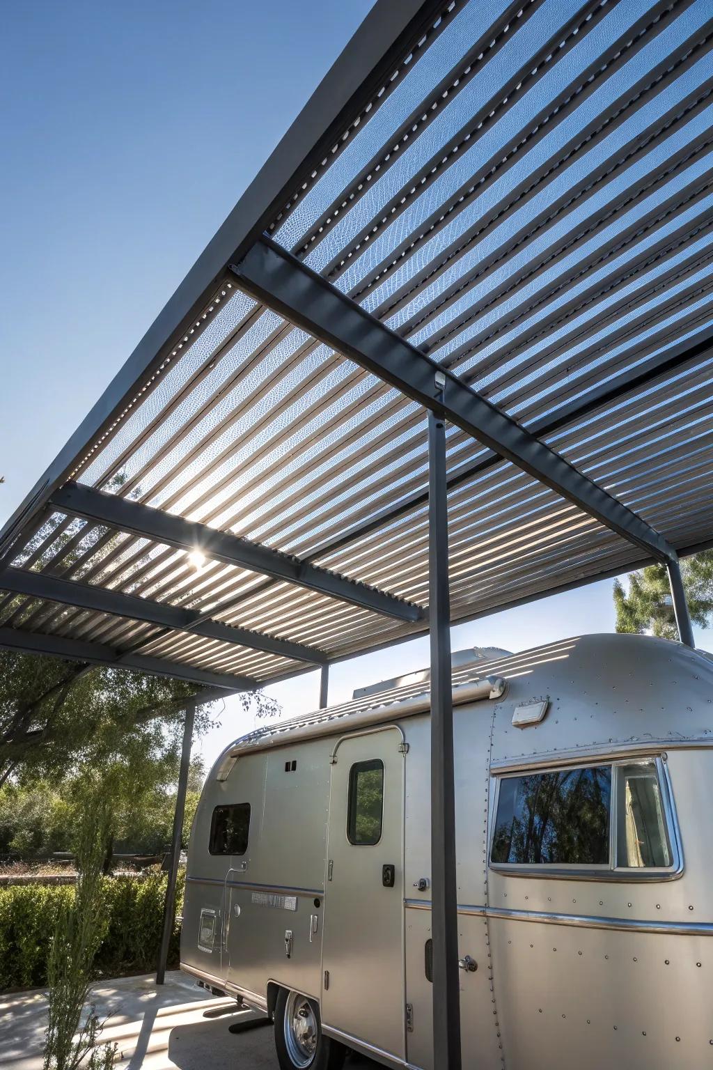 Elevate your camper's aesthetic with a pergola-inspired metal rooftop—where craftsmanship encounters elegance.