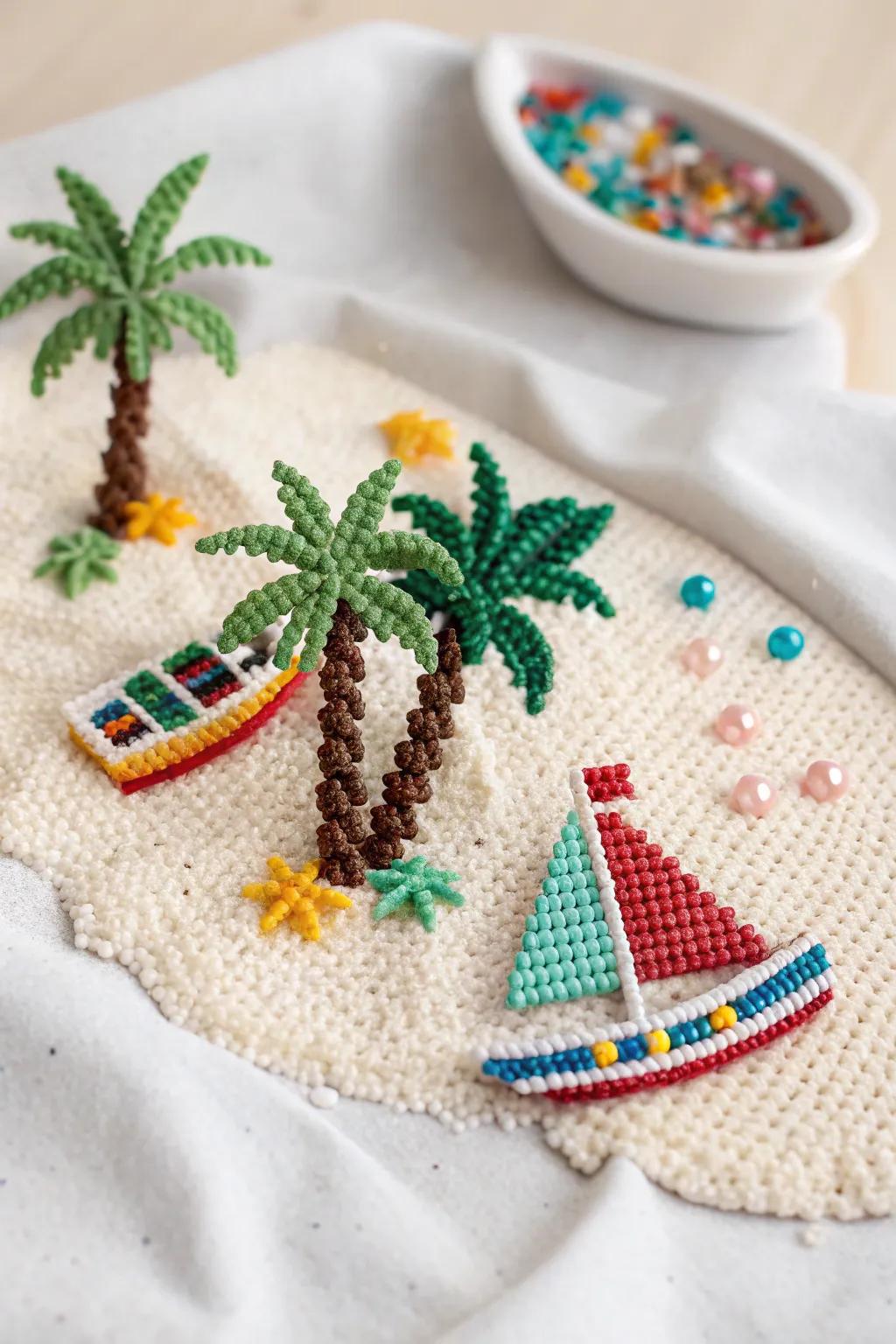 Imbue your space with the quintessence of summer through this endearing perler bead seascape—a miniature triumph of vessels and palms that ignites both wanderlust and sunny reminiscences.