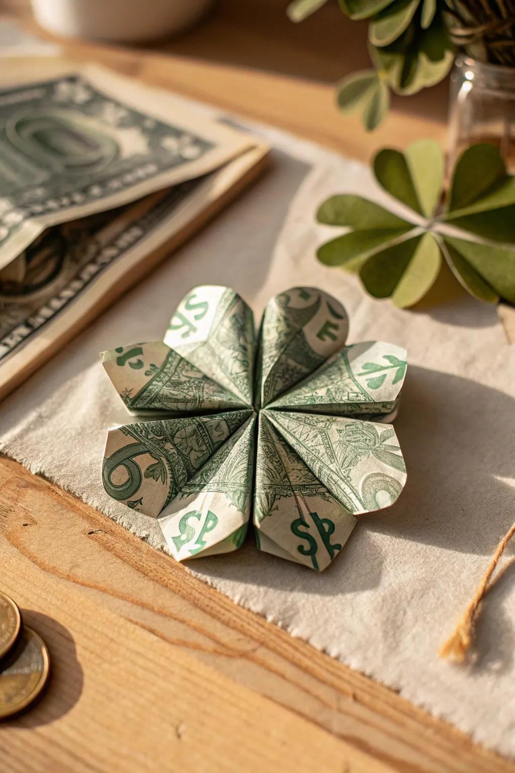 Embrace a touch of serendipity with this remarkable currency origami four-leaf clover, perfect for adding allure and refinement to any occasion.