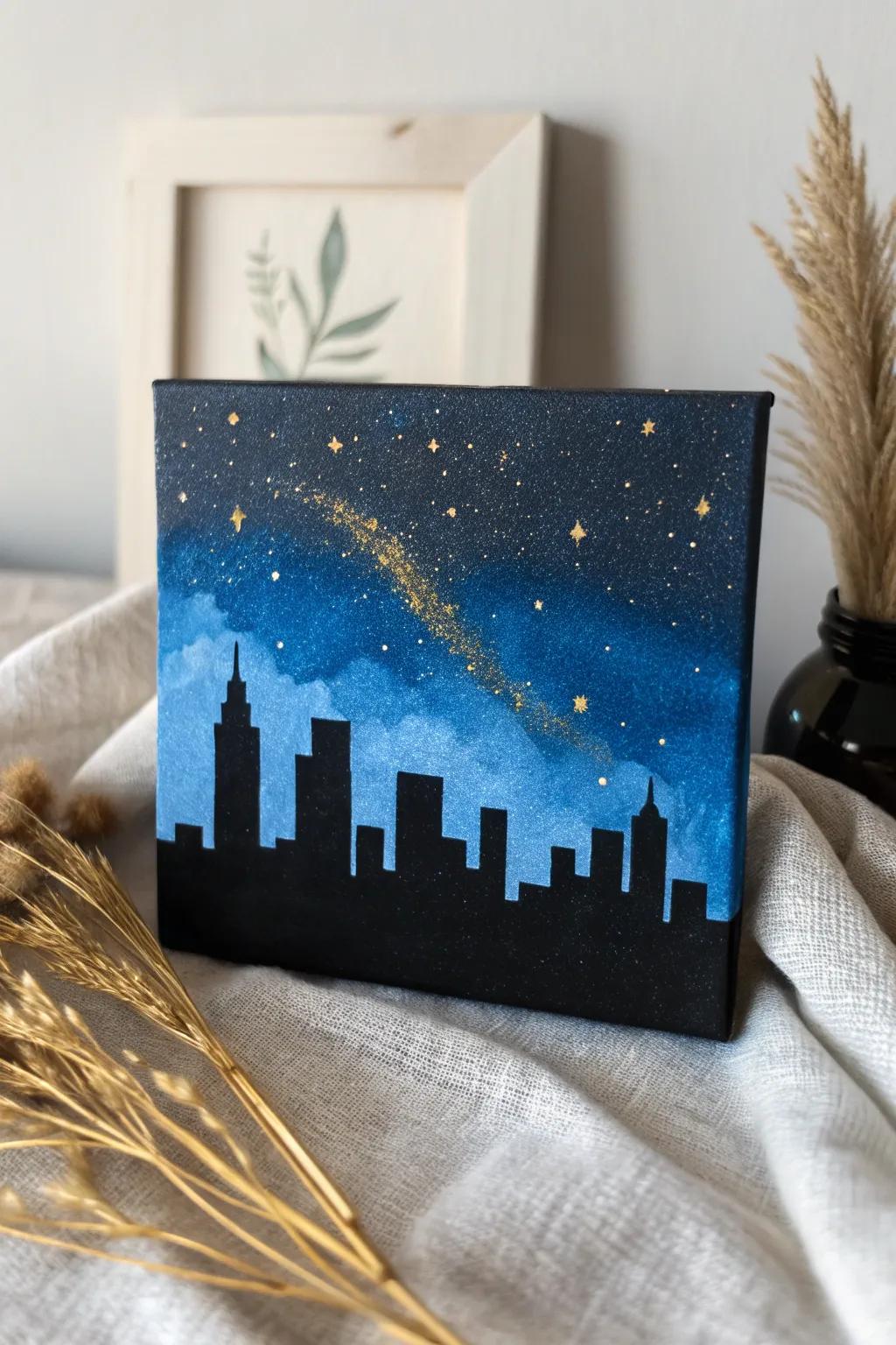 Seize the serene magnificence of metropolitan nights with this spare metropolitan shadow juxtaposed with a starlit heaven.