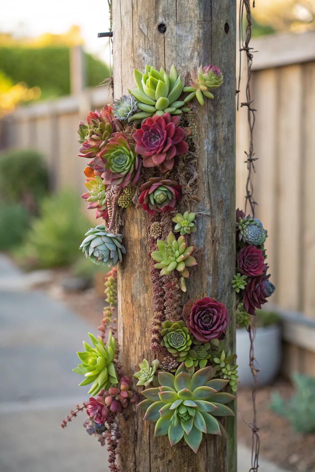 Transform the mundane into the magnificent: A vertical succulent masterpiece erected upon a vintage washing line stand.