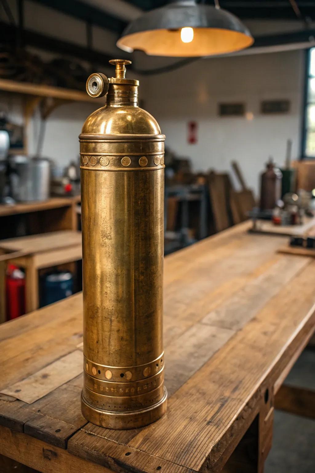 Ingenious craftsmanship meets vintage charm: A fire extinguisher turned into a stealthy storage solution.