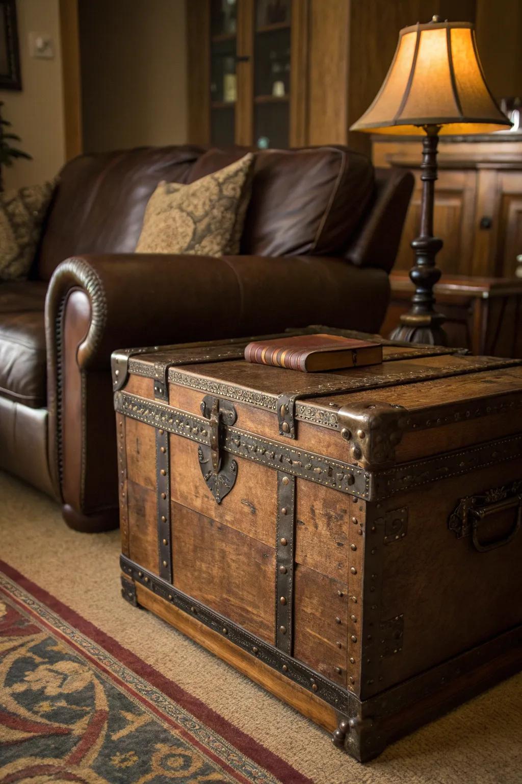 Transform your space with vintage charm: Rustic trunk end tables for a timeless look.