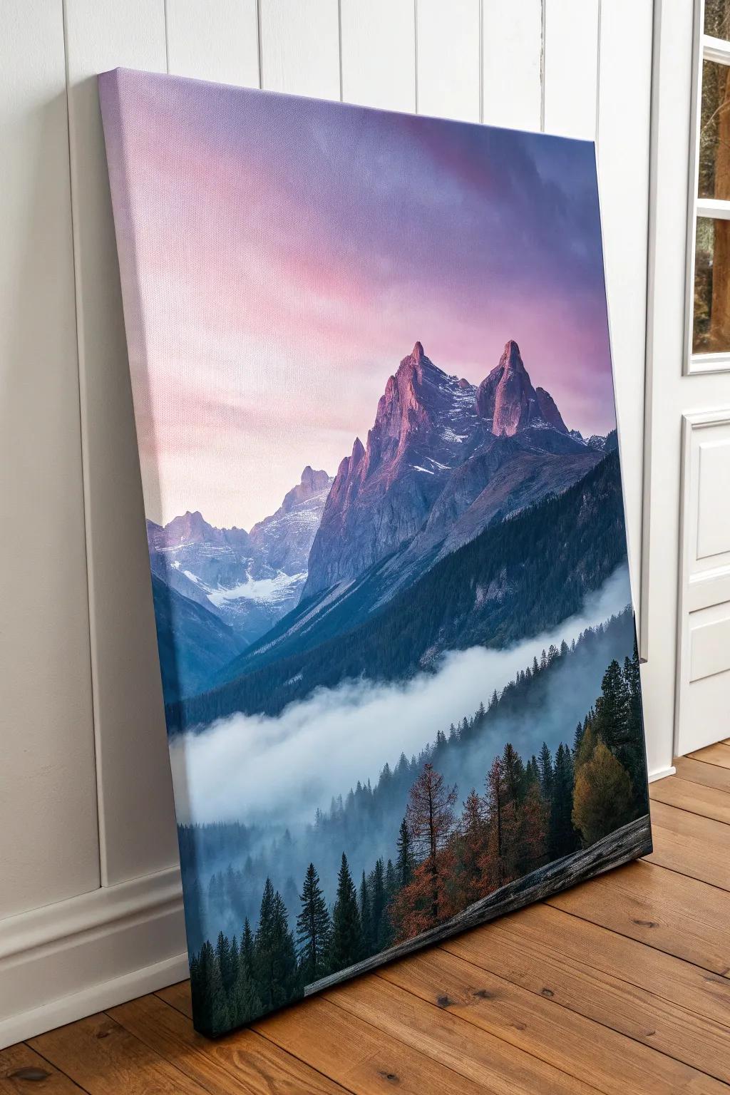 Immerse yourself in the serene allure of enigmatic peaks, where simplicity meets bold hues.