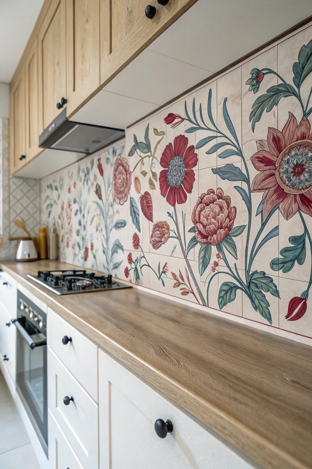 Incorporate an eruption of sentimentality into your culinary space via retro botanical themes that intertwine nature's splendor with artistic flair.