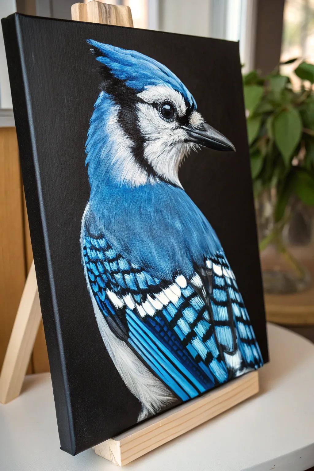 Audacious and Gorgeous: A Striking Cerulean Jay Rendering on Black Canvas.