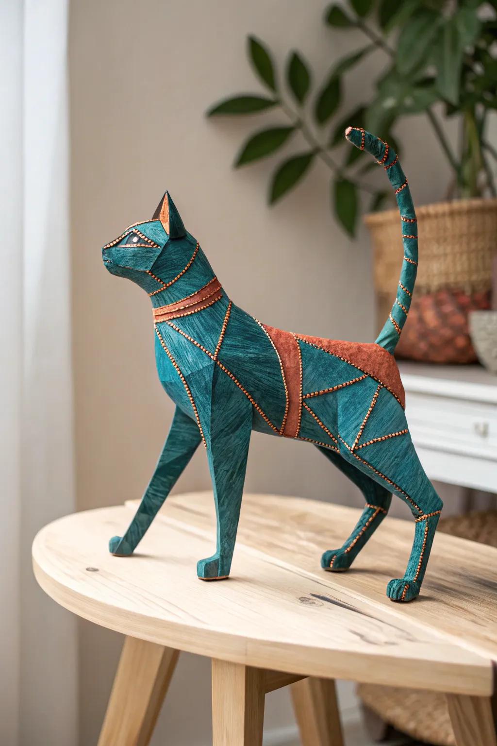 Embrace the elegance of handcrafted artistry with this graceful paper mache cat, a seamless fusion of simplicity and audacious aesthetic.