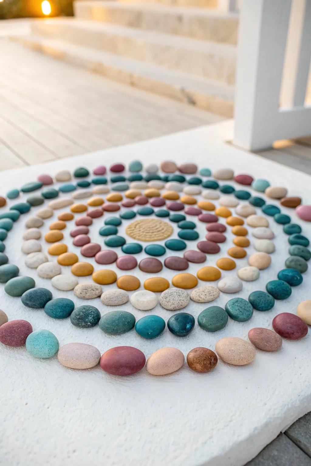 Discover serenity through the artistry of pebble mandalas – a flawless confluence of simplicity and vibrant elegance.