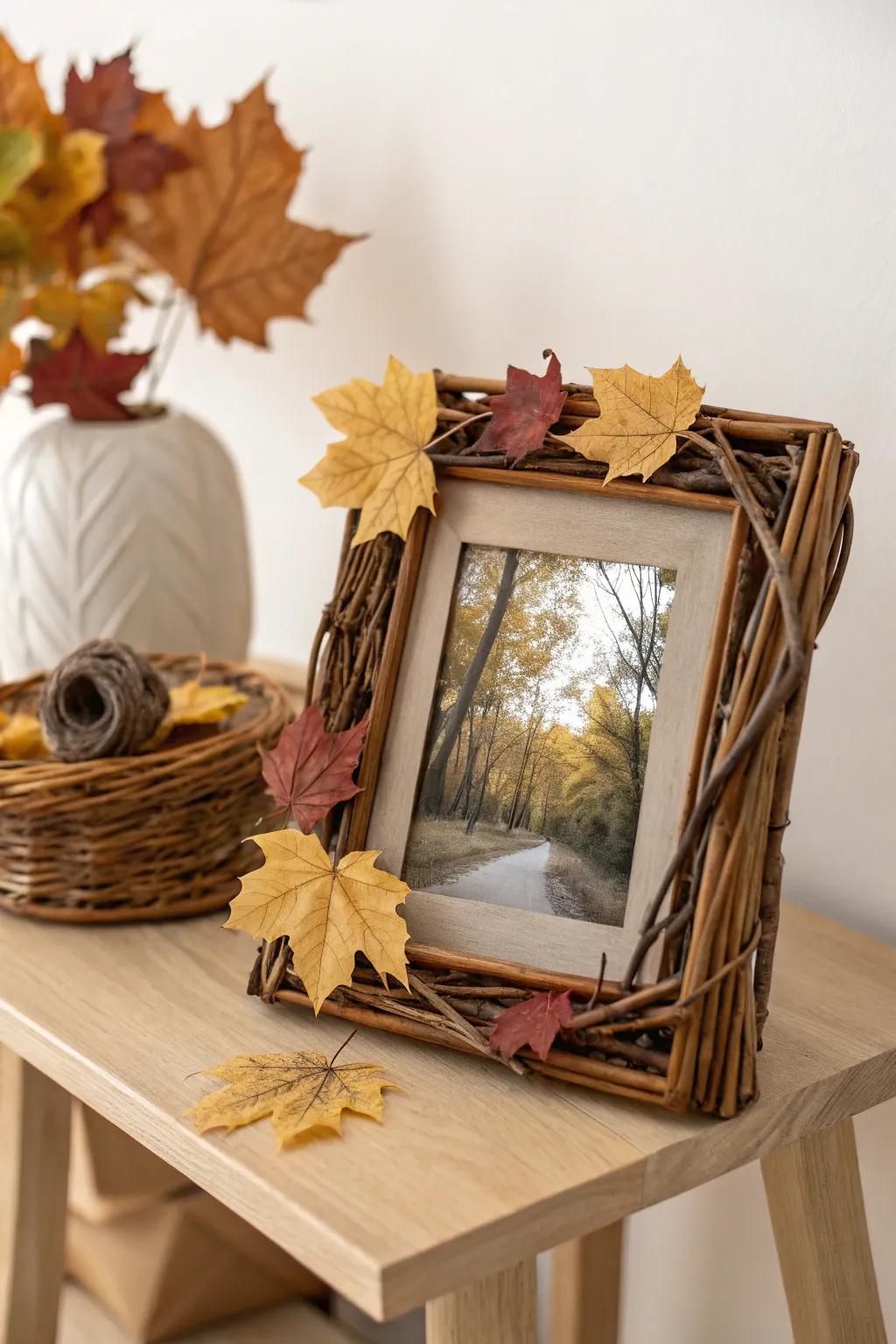 Embrace nature's artistry with a rustic twig and leaf photo frame, perfect for adding a touch of autumn elegance to any space.