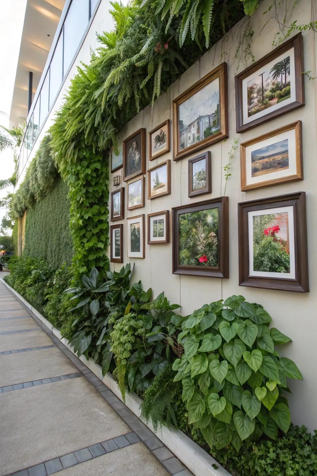 Plants and frames blend together, creating a lively gallery wall.