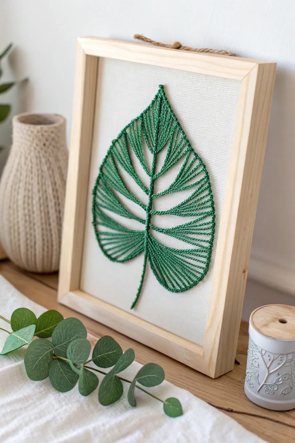 Bring nature indoors with this elegant string art leaf design, a perfect blend of minimalism and bohemian charm.