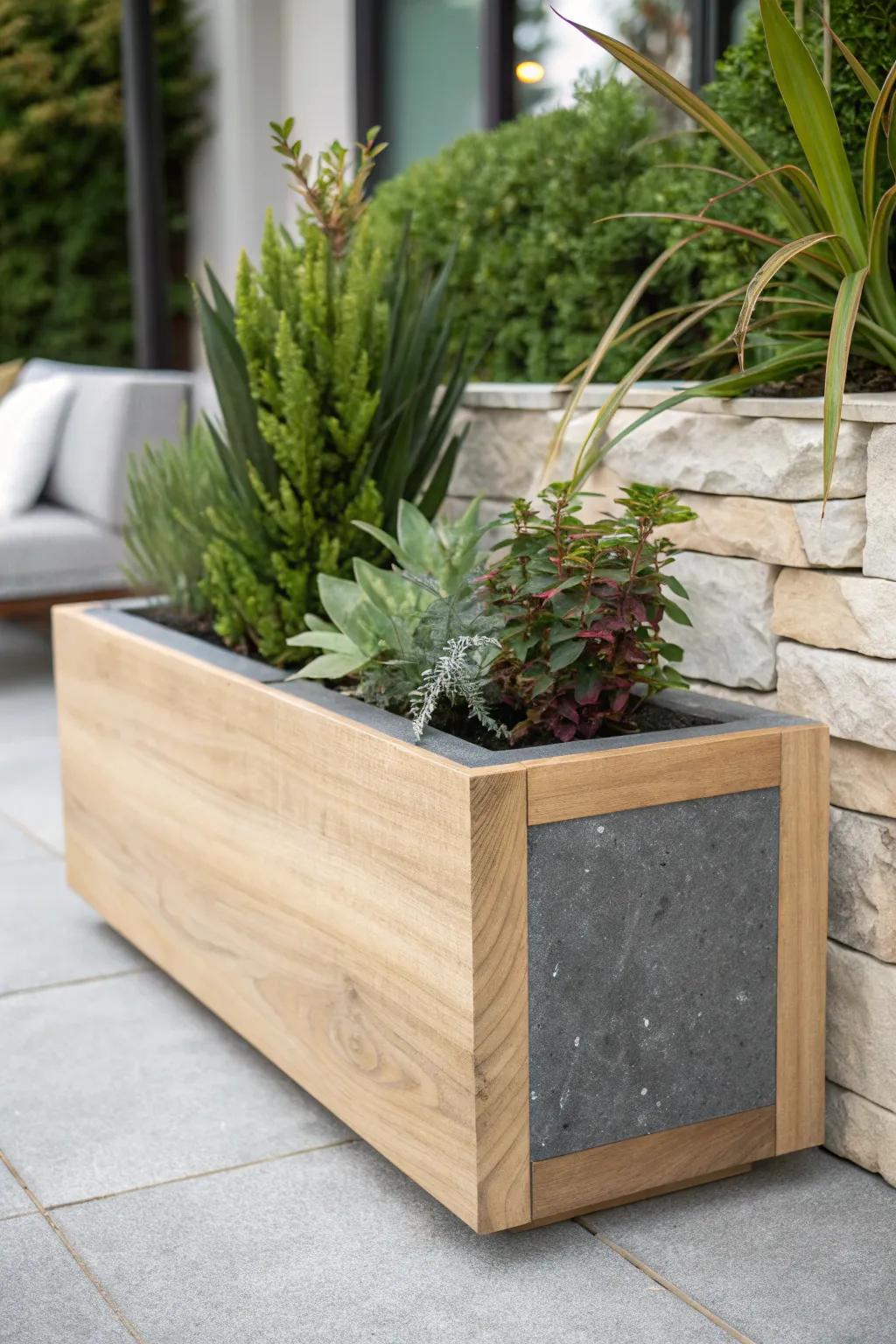 Embrace nature with this stunning stone and wood container. Perfect for a modern yet timeless garden aesthetic. 🌿
