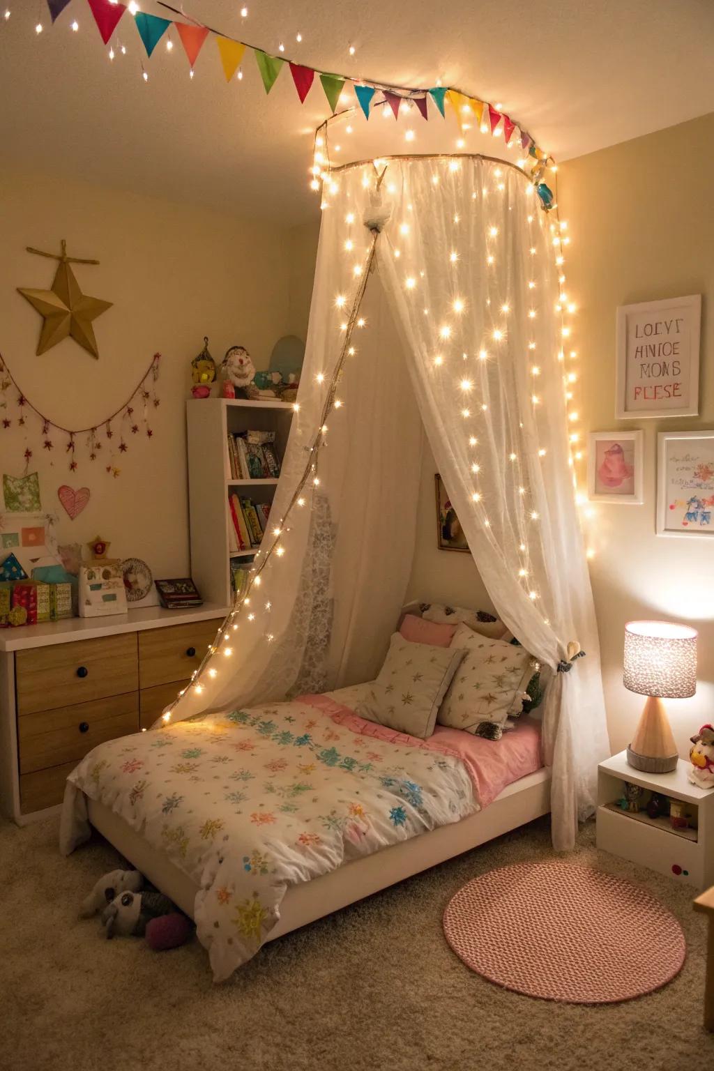 Luminous strands fashioning a magical radiance around a canopy bed.