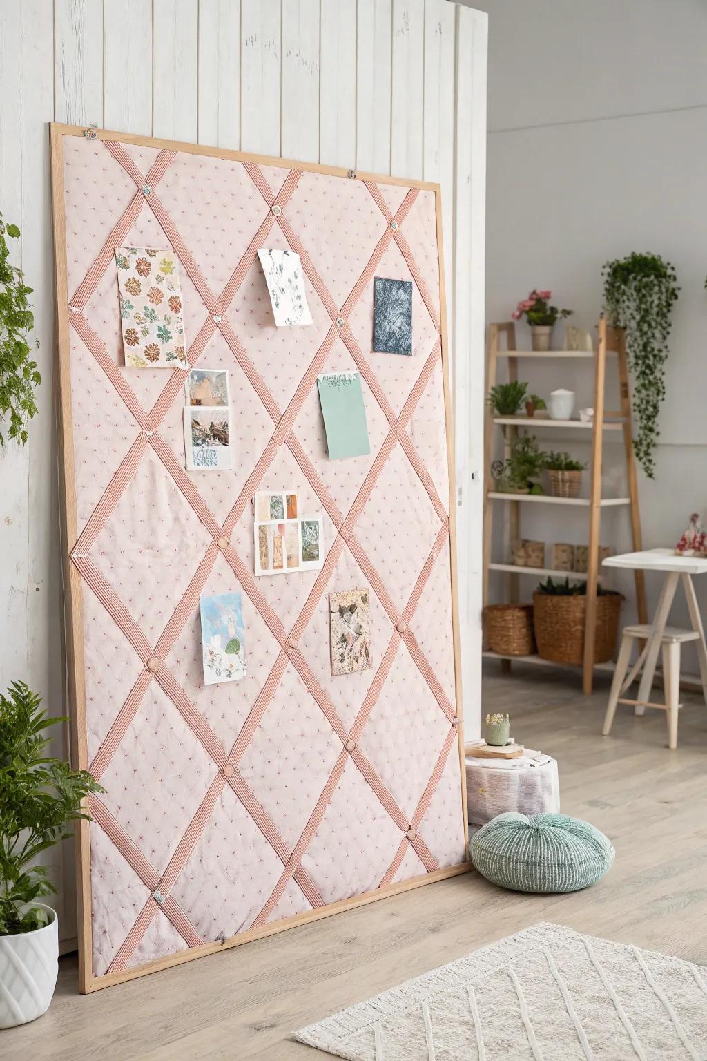 Elevate your quilting area with an enchanting material-enveloped corkboard, where artistry converges with minimalist grace.