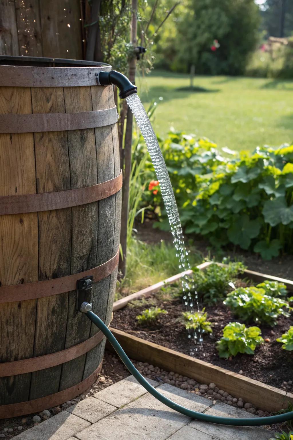 Elevate your garden's charm with a rustic rainwater tank and porous watering tube combo for effortless, handcrafted irrigation.