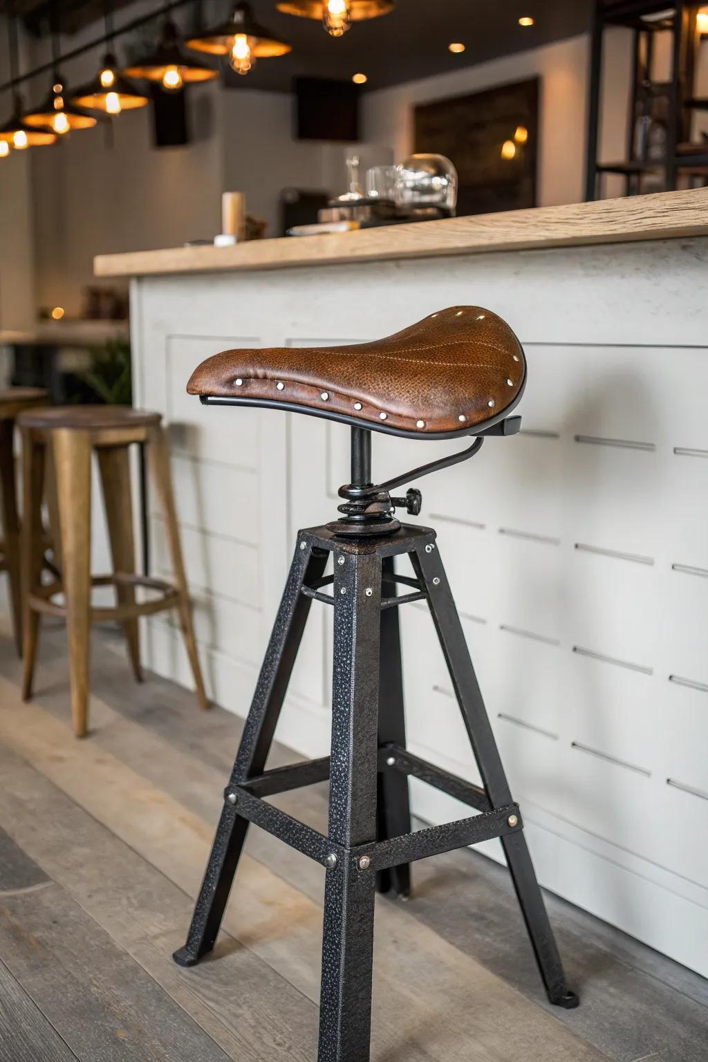Indulge in stylistic seating via this unparalleled bicycle saddle perch, wherein artisanship converges with ingenuity.