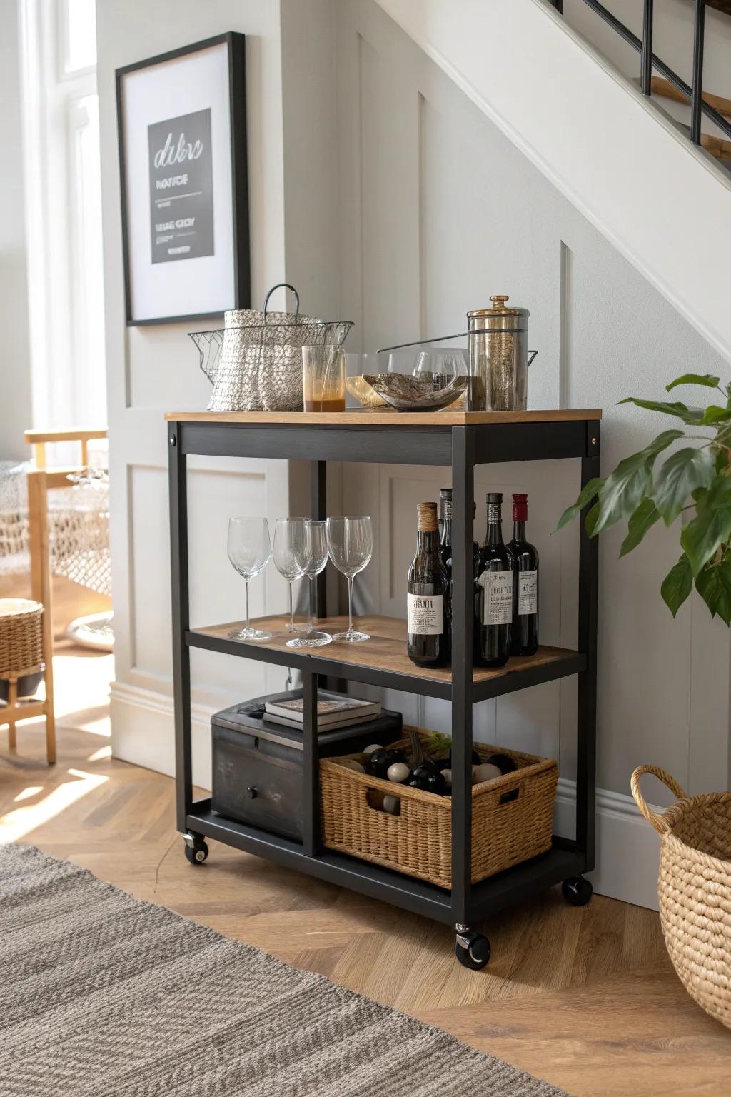 Elevate your entertaining space with this stunning bookshelf turned bar cart—where minimalist design meets bold elegance.