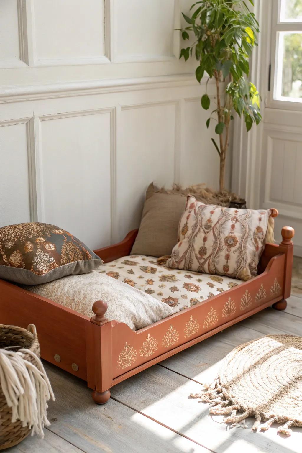 Transform a classic bed frame into a cozy pet oasis with a Scandinavian twist!