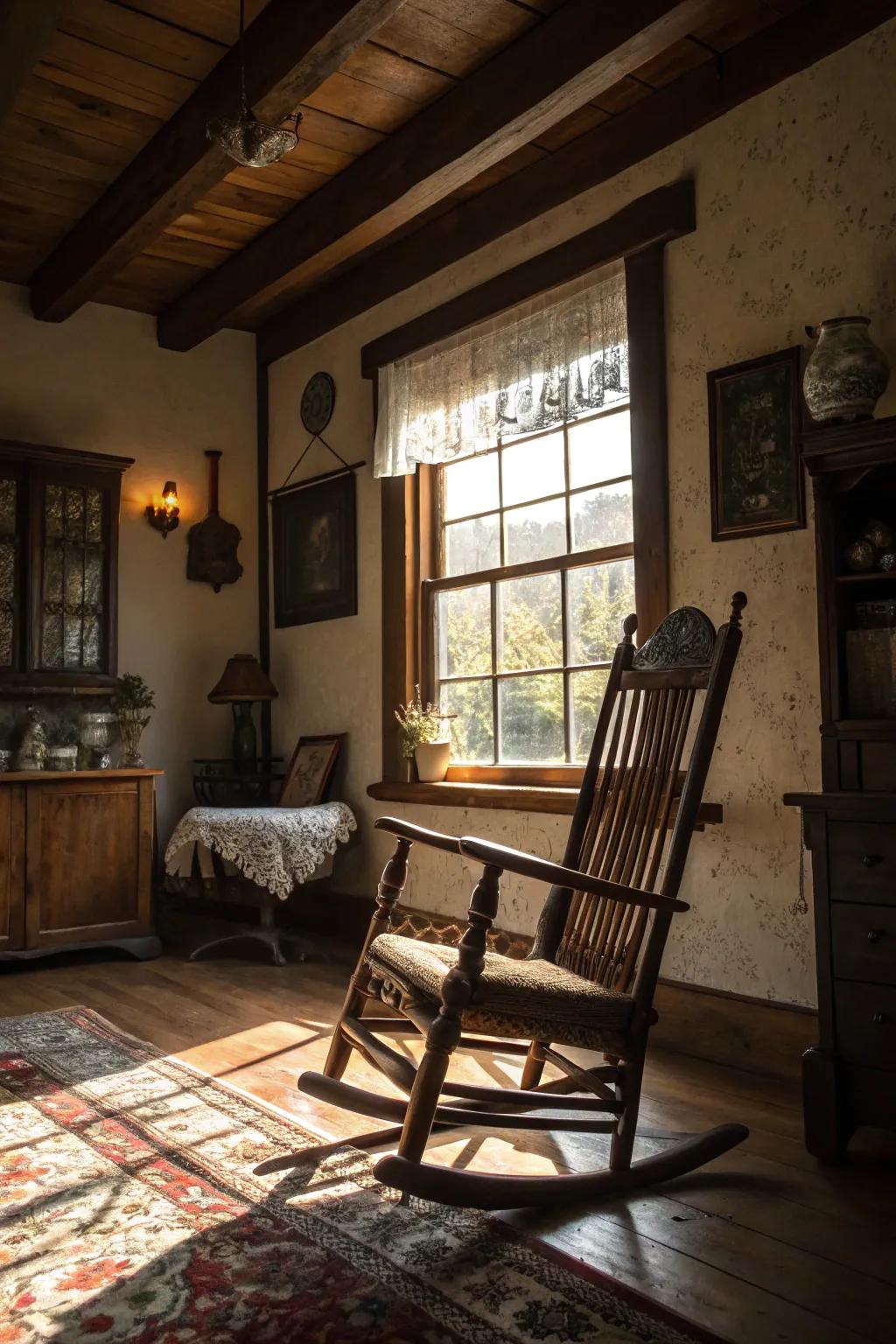 A vintage rocking chair integrating allure within a countryside setting.
