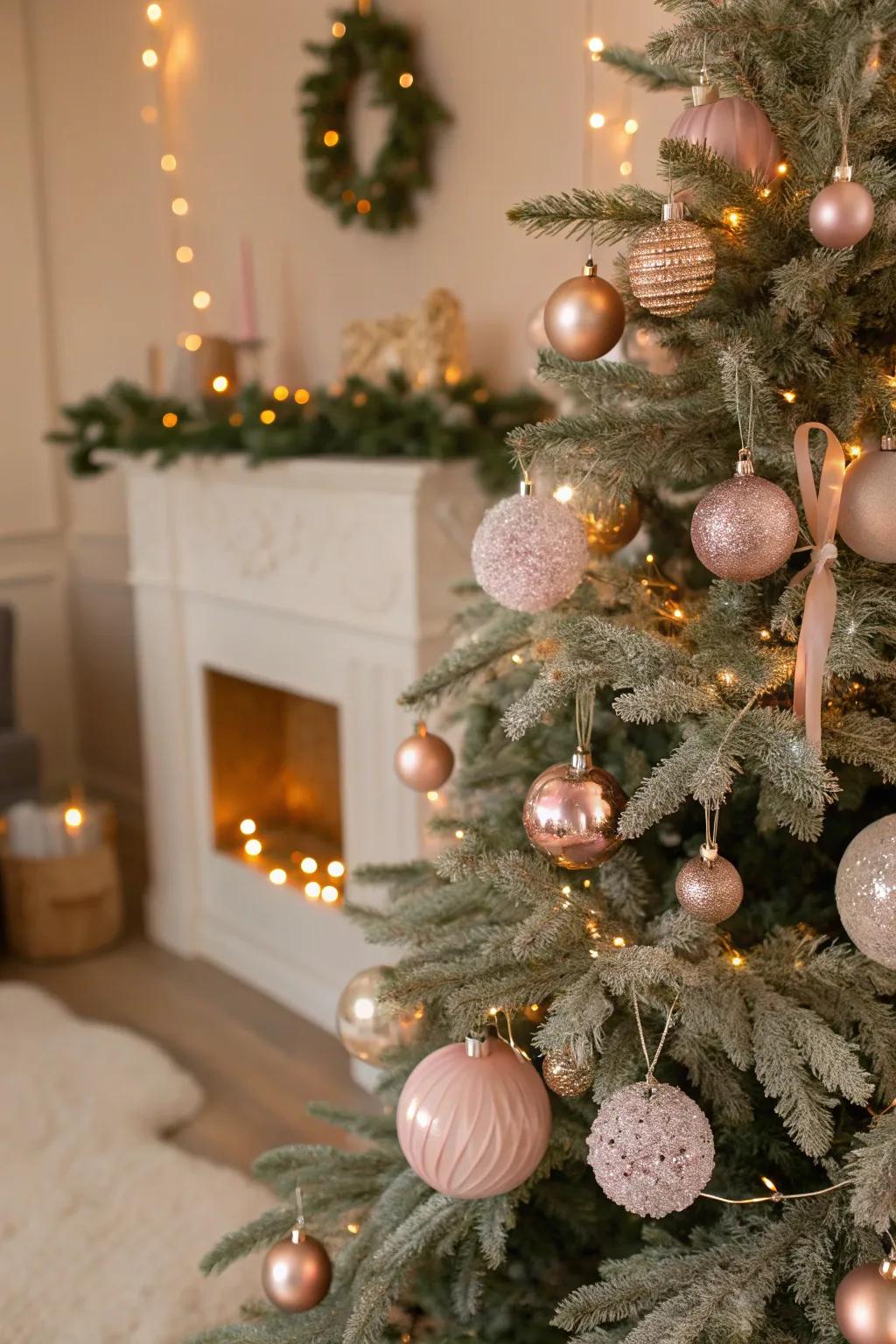 Gentle rosy and roseate ornaments create a soothing, romantic tree aesthetic.