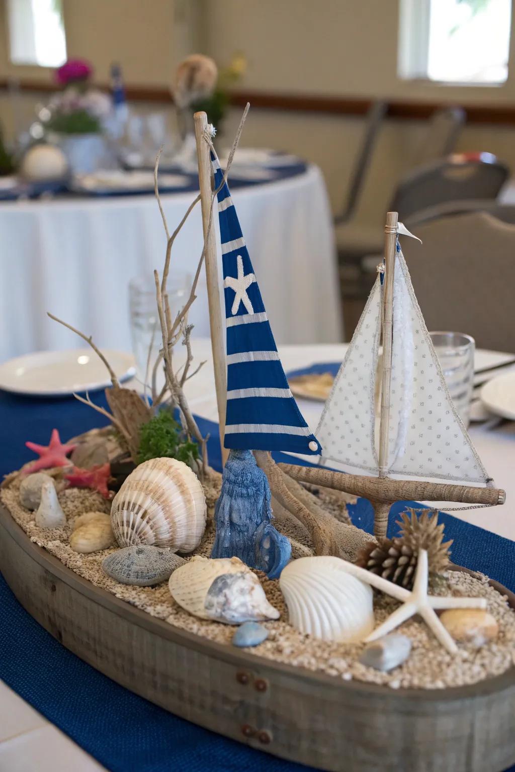 Seashells and azure touches introduce a revitalizing seaside vibe to the table.