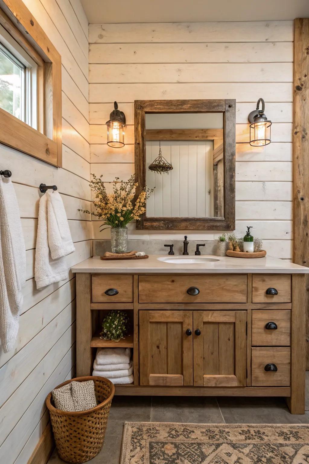 A country bathroom featuring a shiplap wall located behind the vanity.