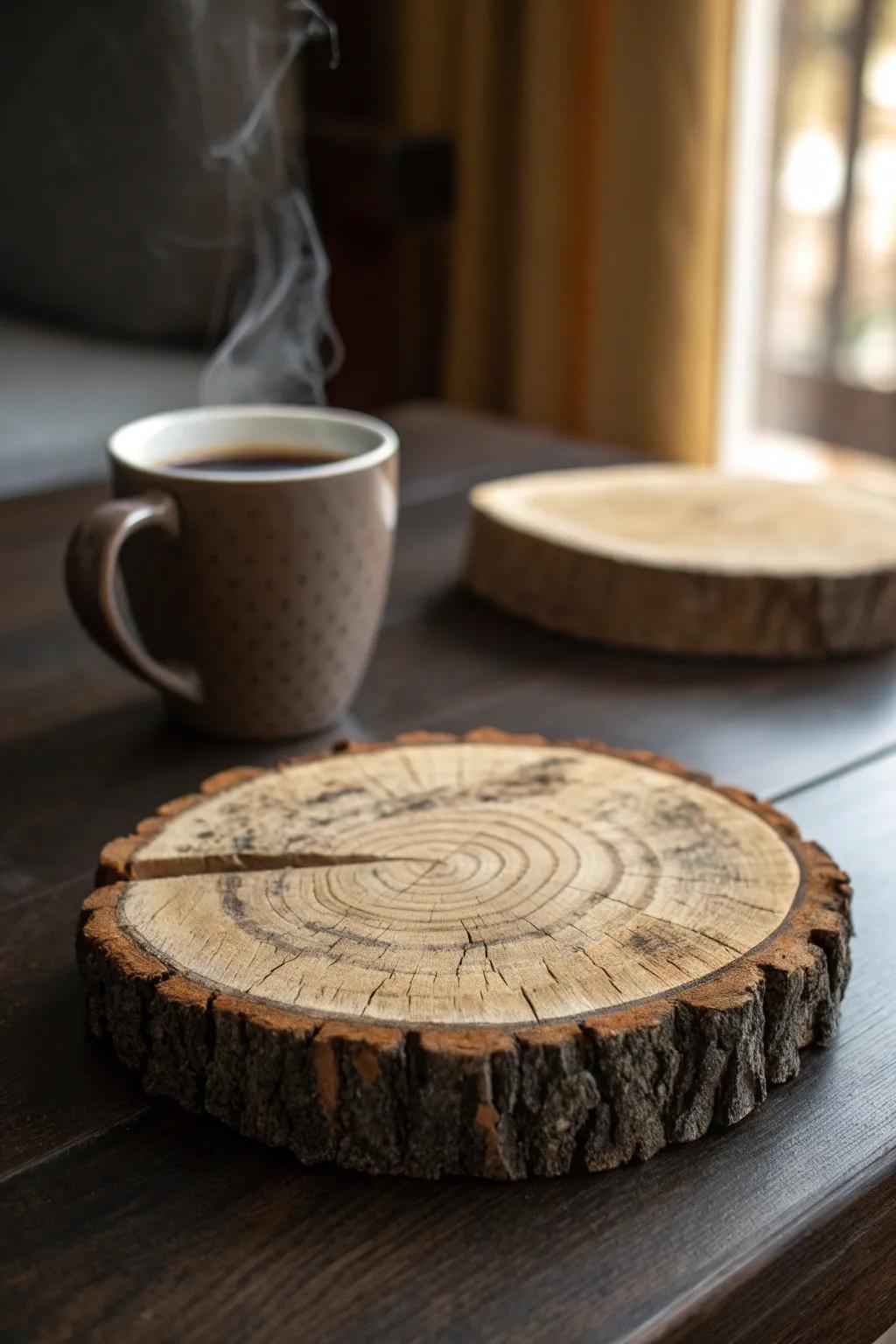 Fashioned from nature: amplify your coffee moments with rustic tree limb segment coasters.