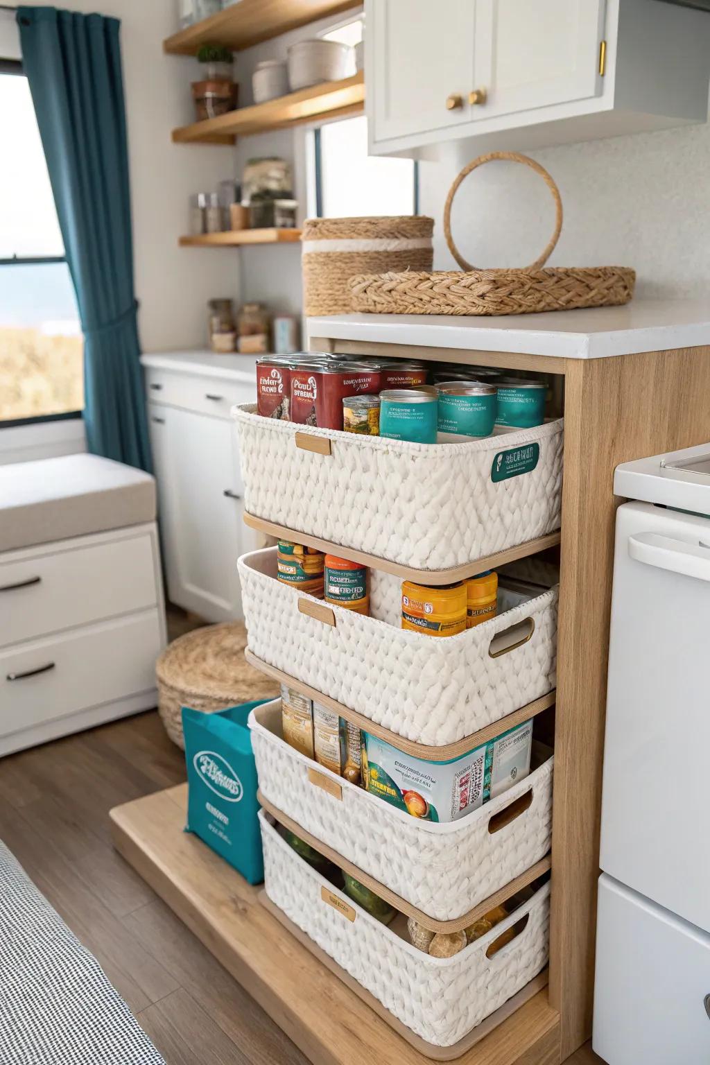 Maximize your RV kitchen's vertical space with chic stackable bins for an organized and stylish larder!