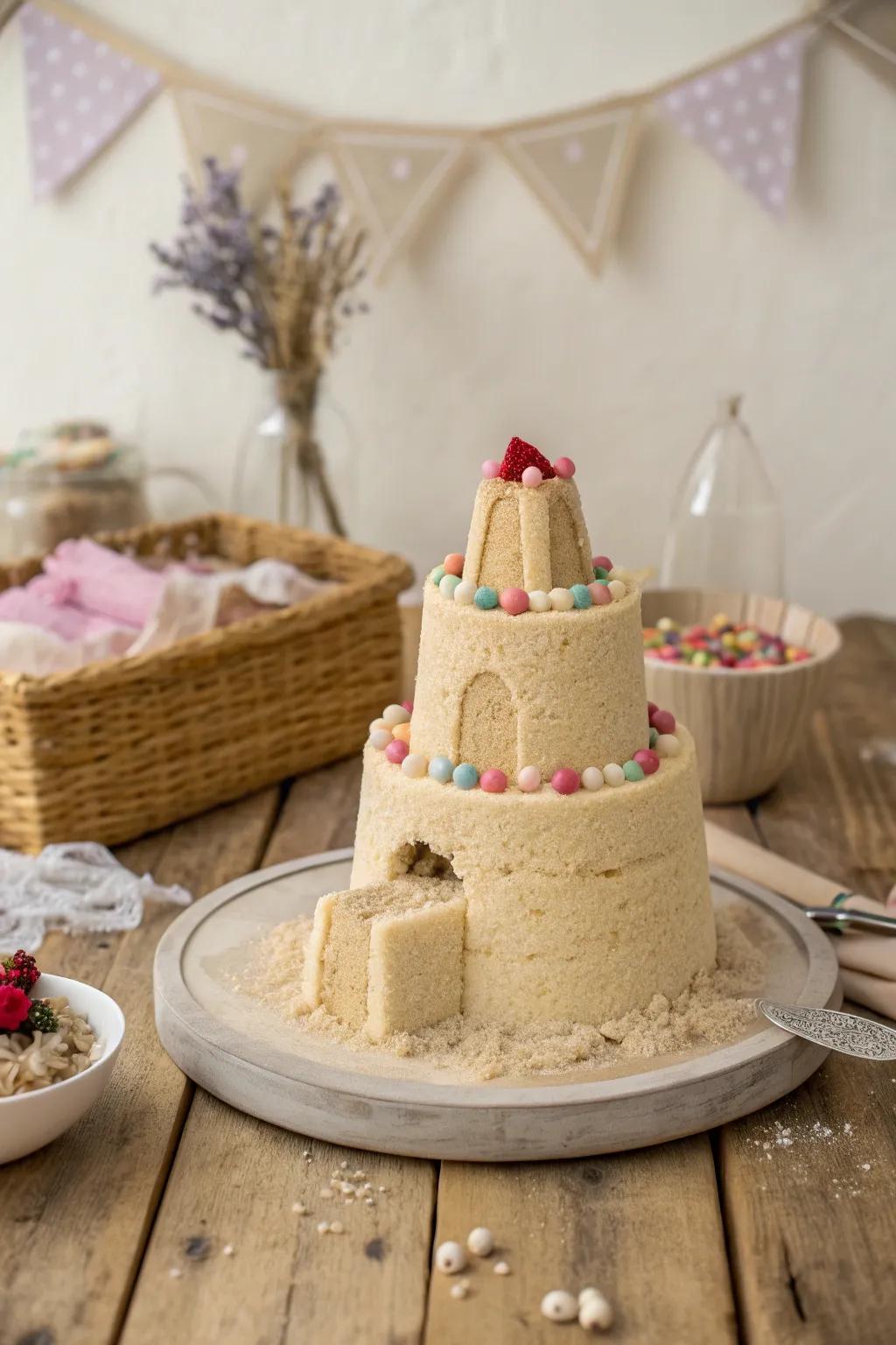 Unveil the enchantment within this breathtaking sandcastle cake - a sweet surprise awaits!