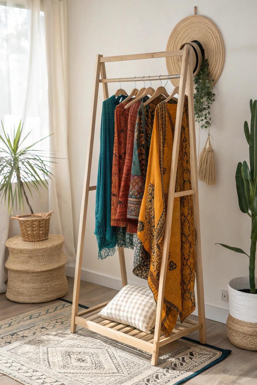 Elevate your space with a stylish scarf display: a fusion of minimalism and boho beauty.