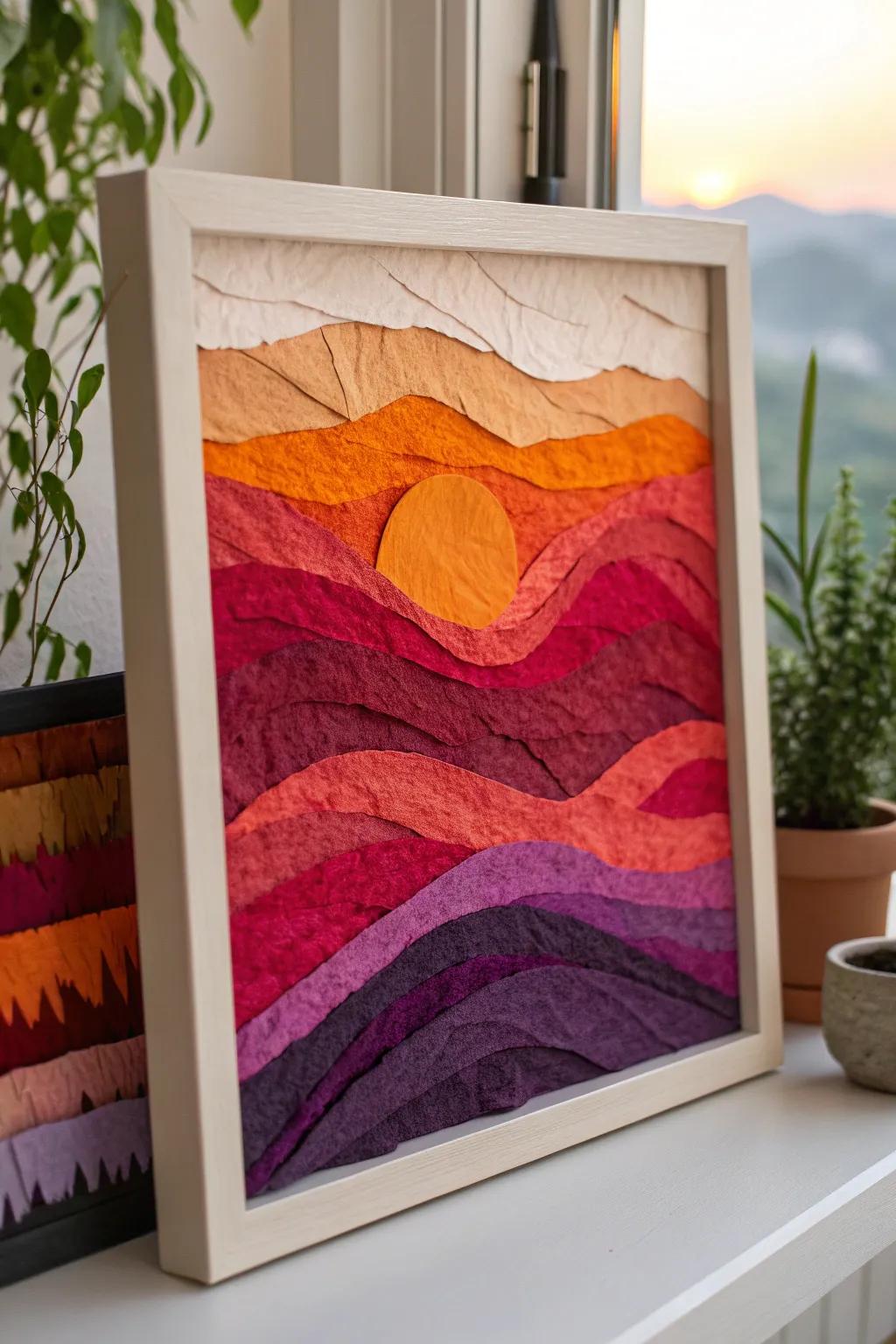 Elevate your area with the artistry of layered paper sunsets—where simplicity blends with striking splendor.