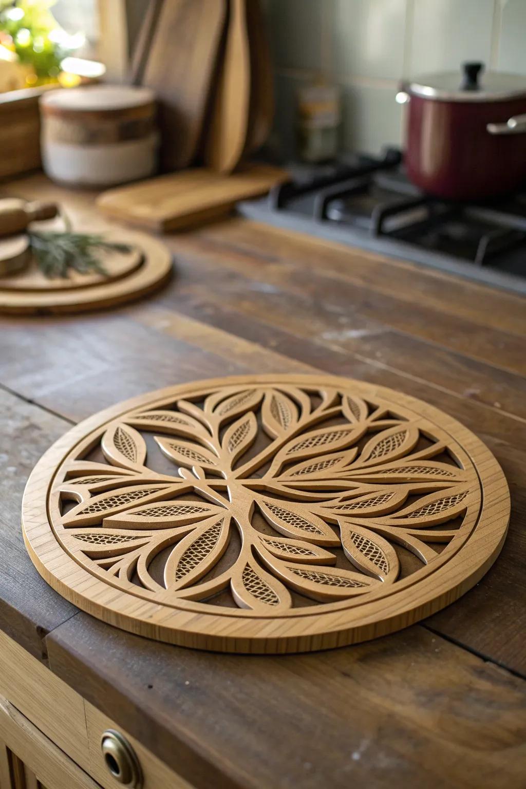 Elevate your cooking surface aesthetics with artisan-carved, wild-inspired bamboo stands.