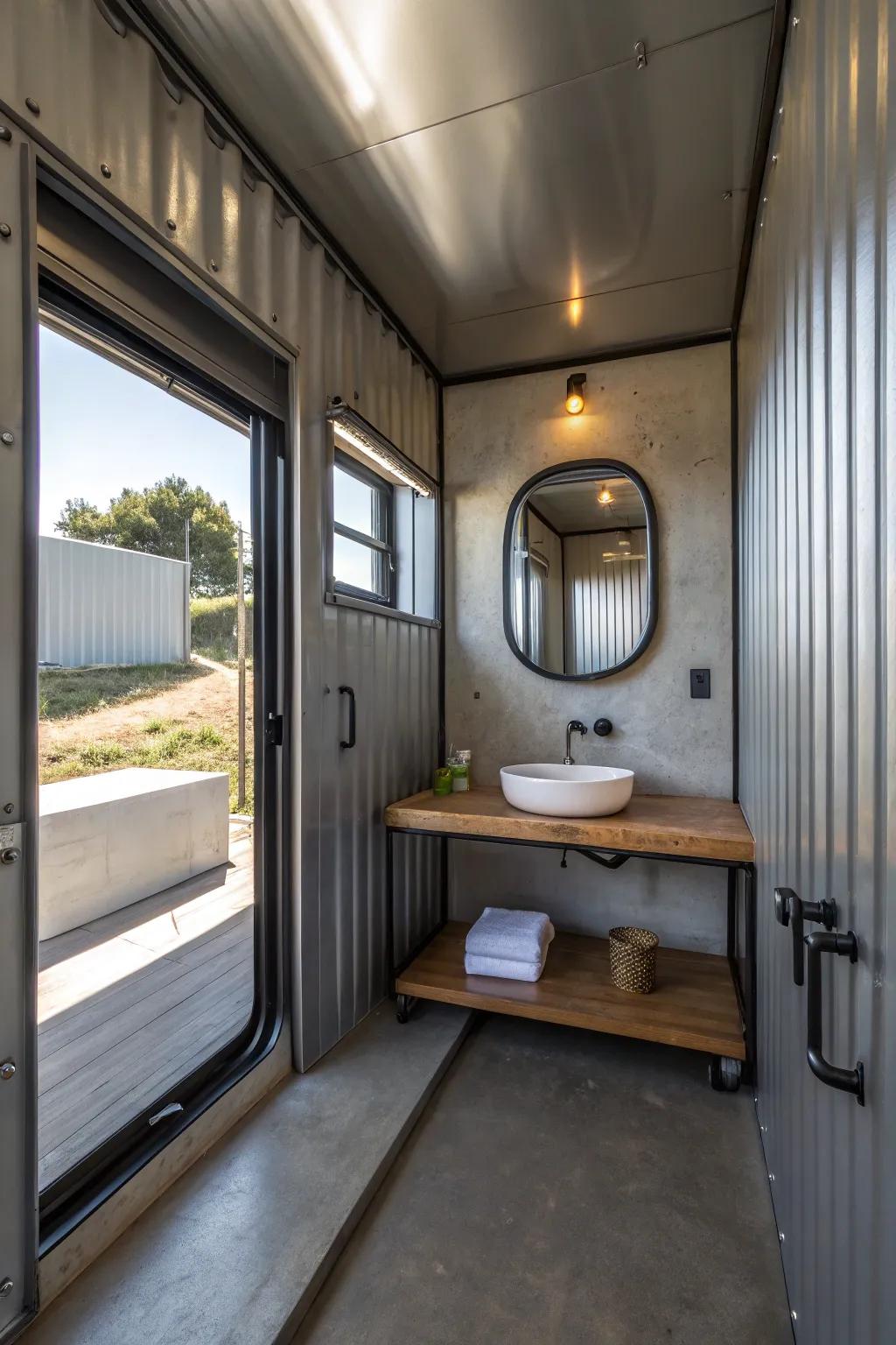 Transform your area using mirrored paneling: A hint of enchantment within shipping container bathing spaces.