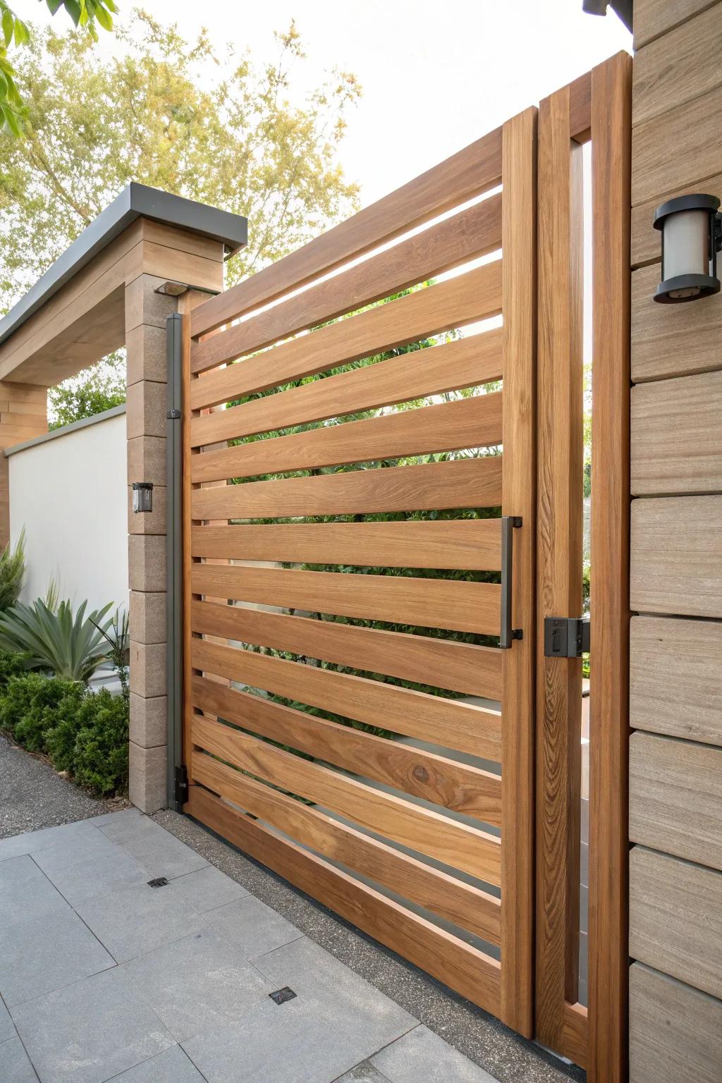 Adopt modern style using a refined horizontal slat fence gate.