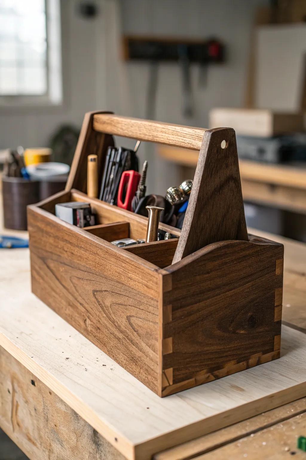 Improve your work area with an artisanal wood carrying device - where contour meets utility.