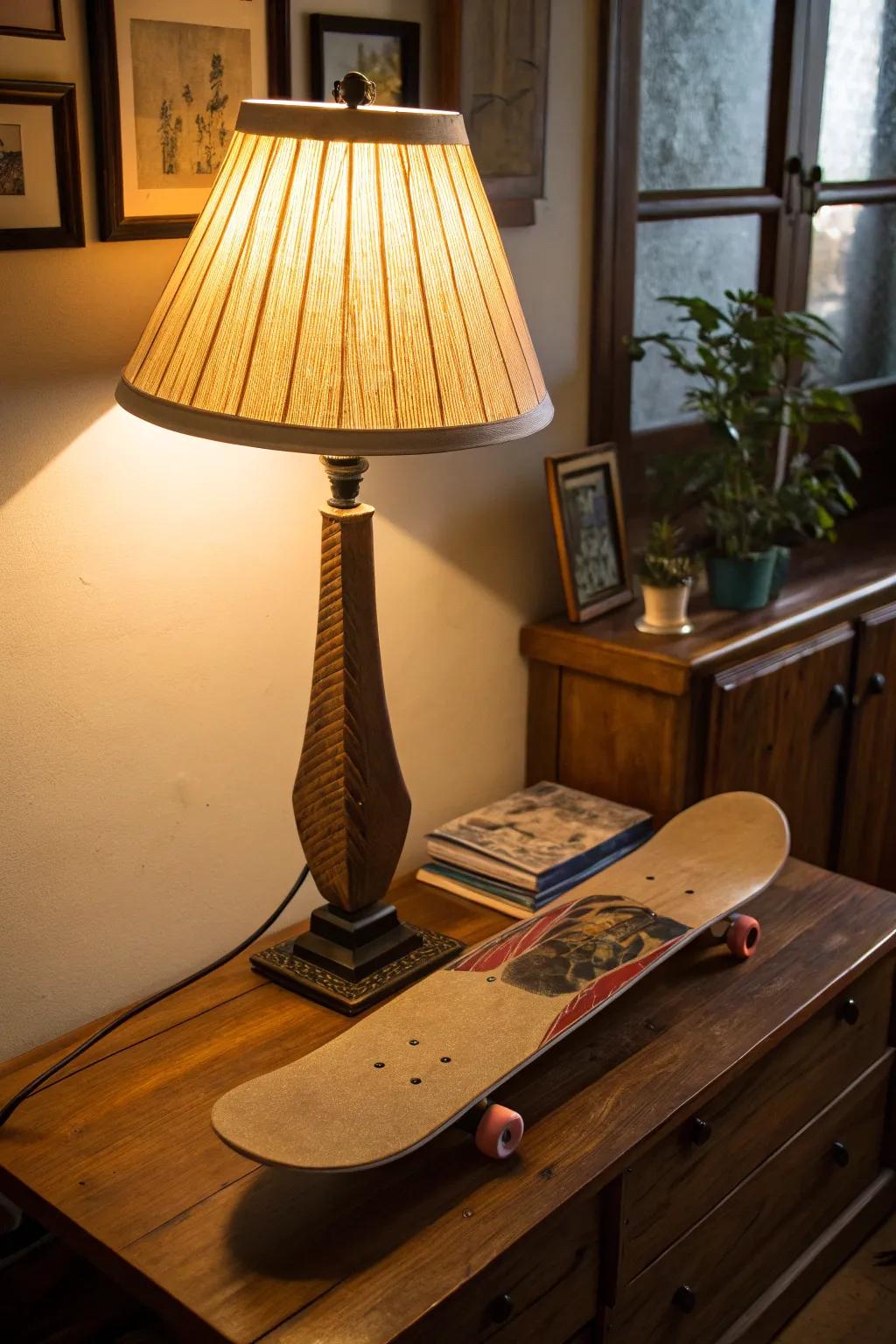 A lamp featuring a skateboard surface shade, contributing singular lighting.