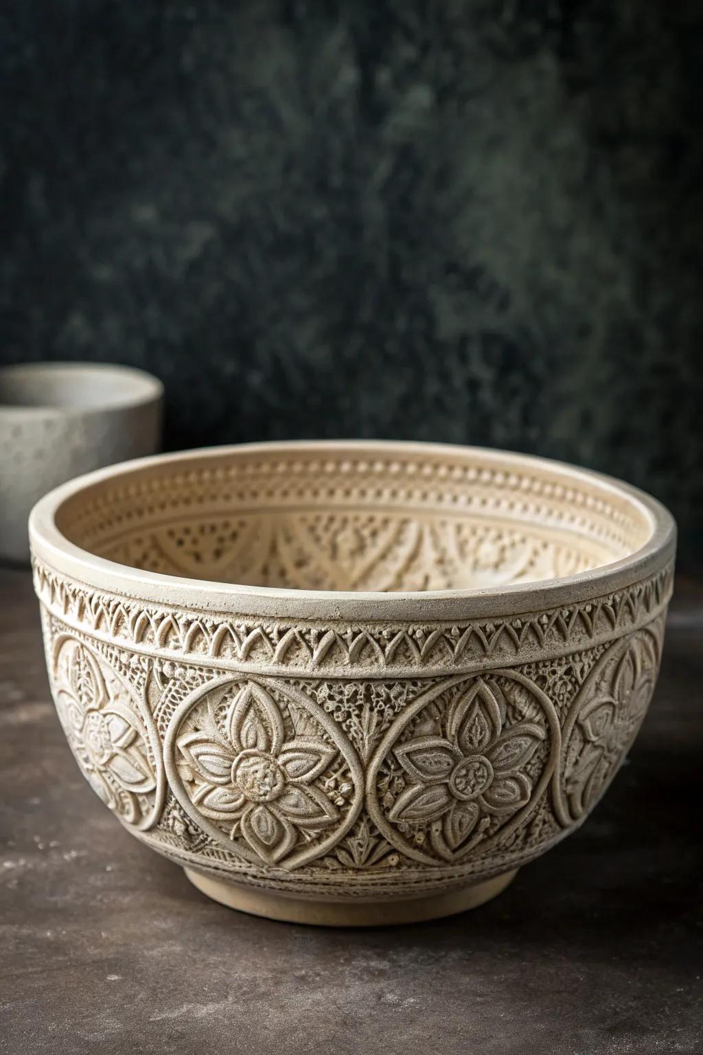 Master the art of slab construction with this intricately designed ceramic bowl, where craftsmanship meets creativity.