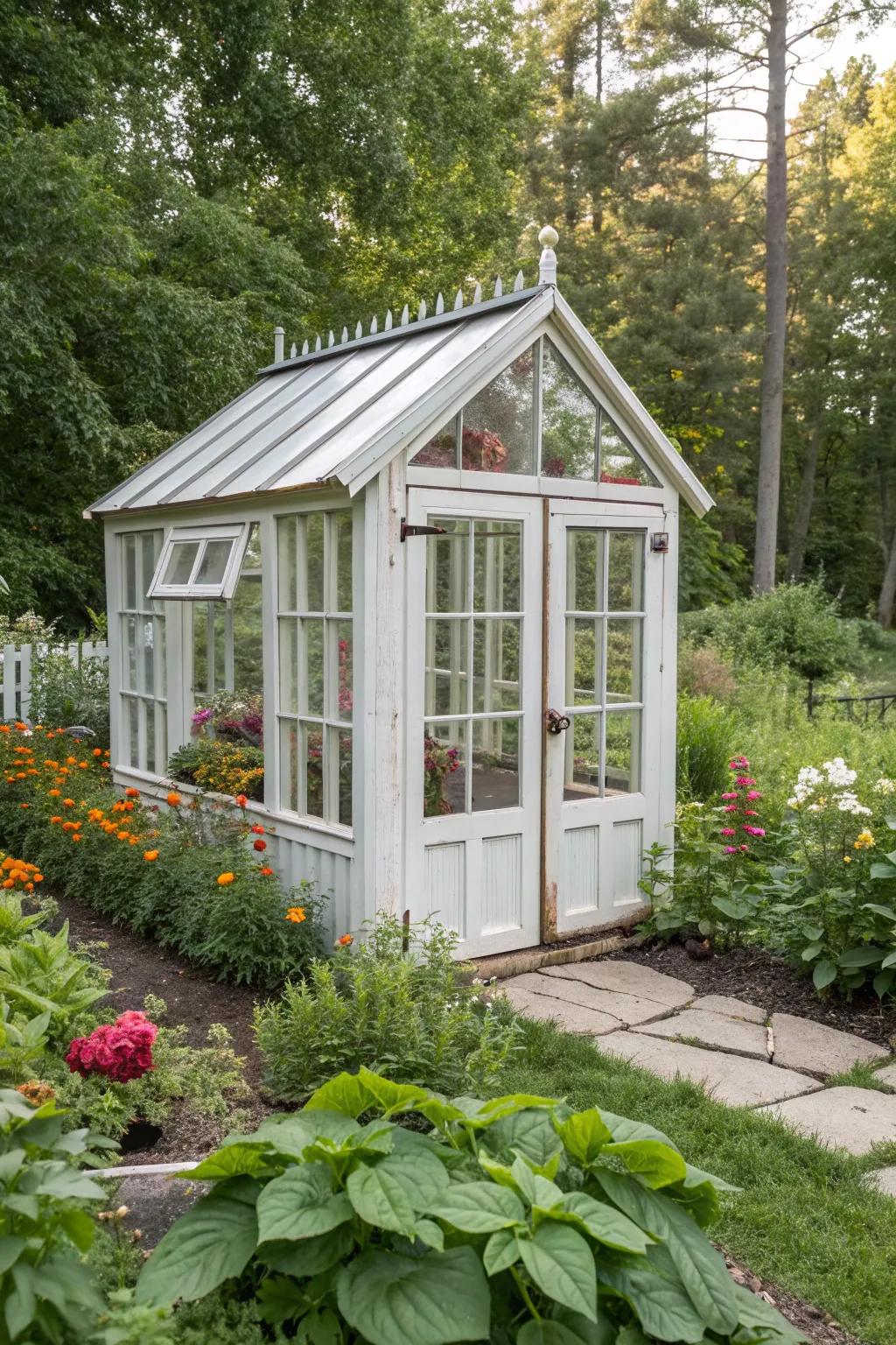 Prolong your garden's charm via a quaint miniature greenhouse crafted from reclaimed windows. Ideal for flora aficionados who appreciate craftsmanship and straightforwardness!