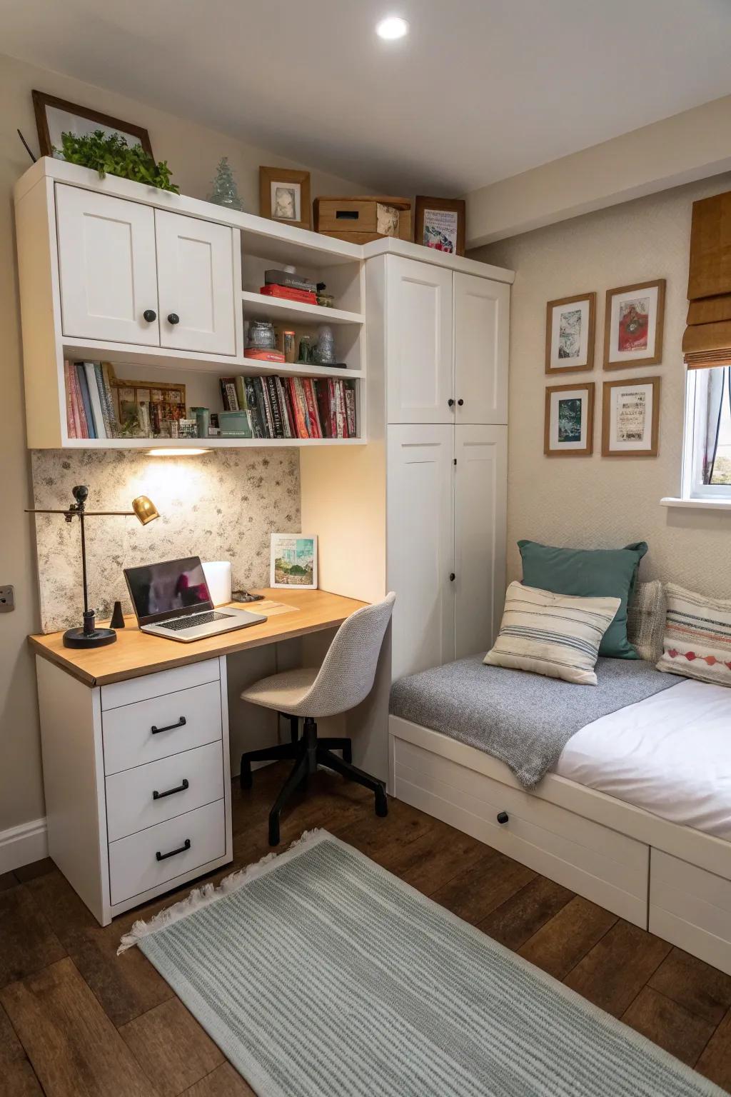A corner desk efficiently utilizes area in small bedrooms.